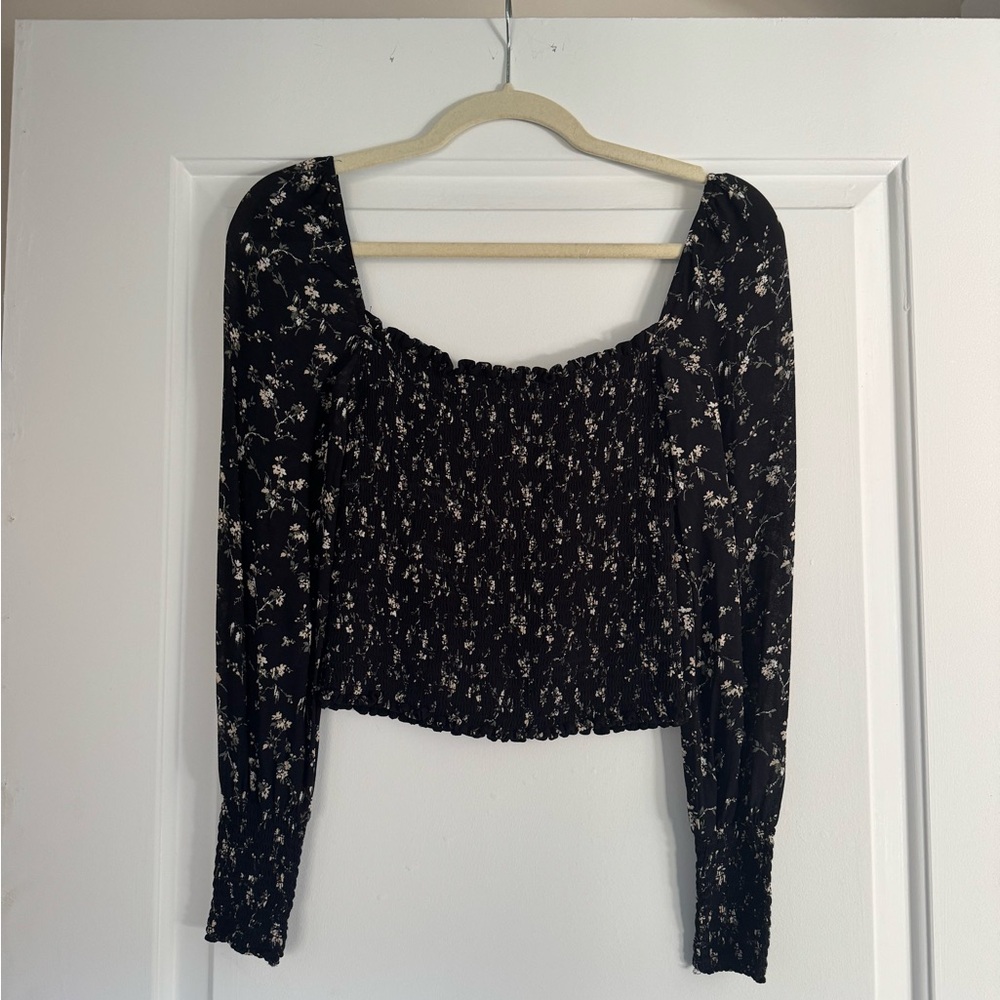 Reformation Black Floral Smocked Blouse